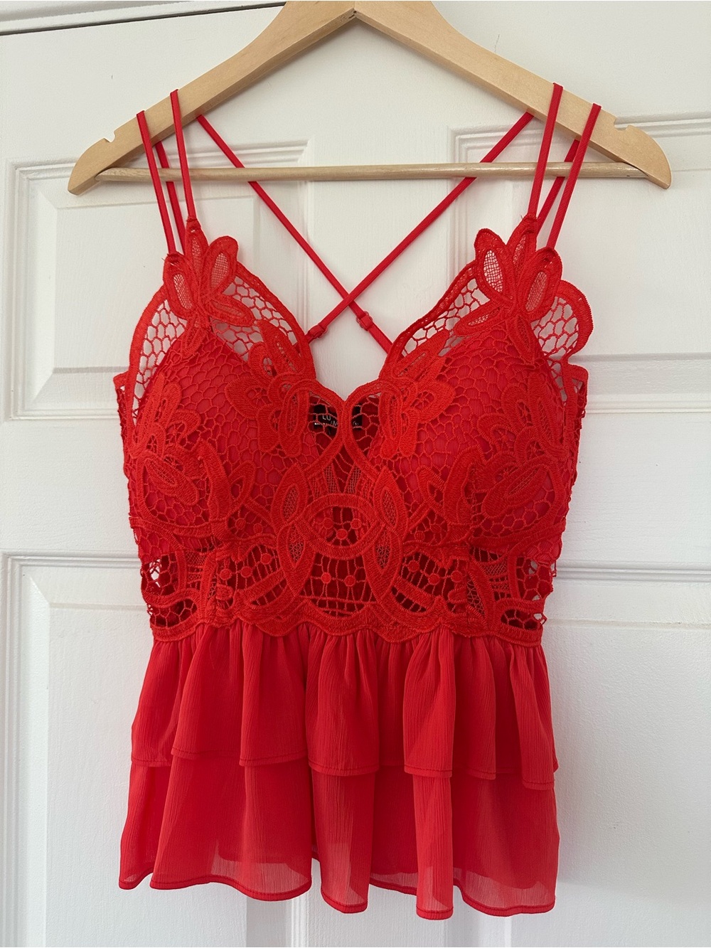 Lulumari Medium Orange Lace Peplum Strappy Tank Top